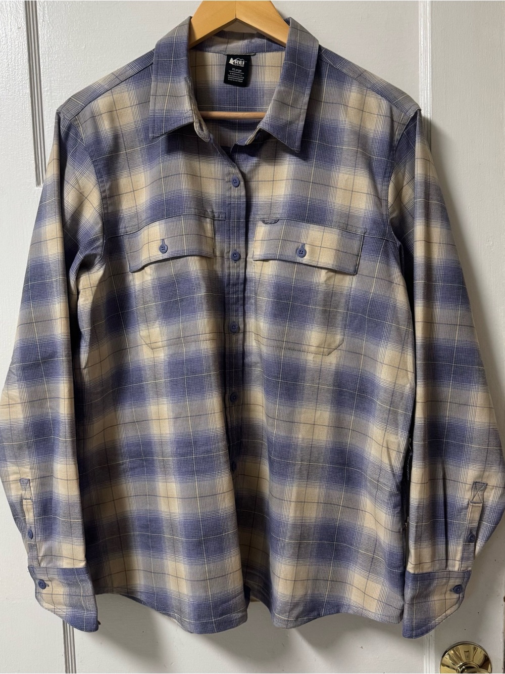 REI Lavender and Cream Plaid Women's Button-Down Shirt XL